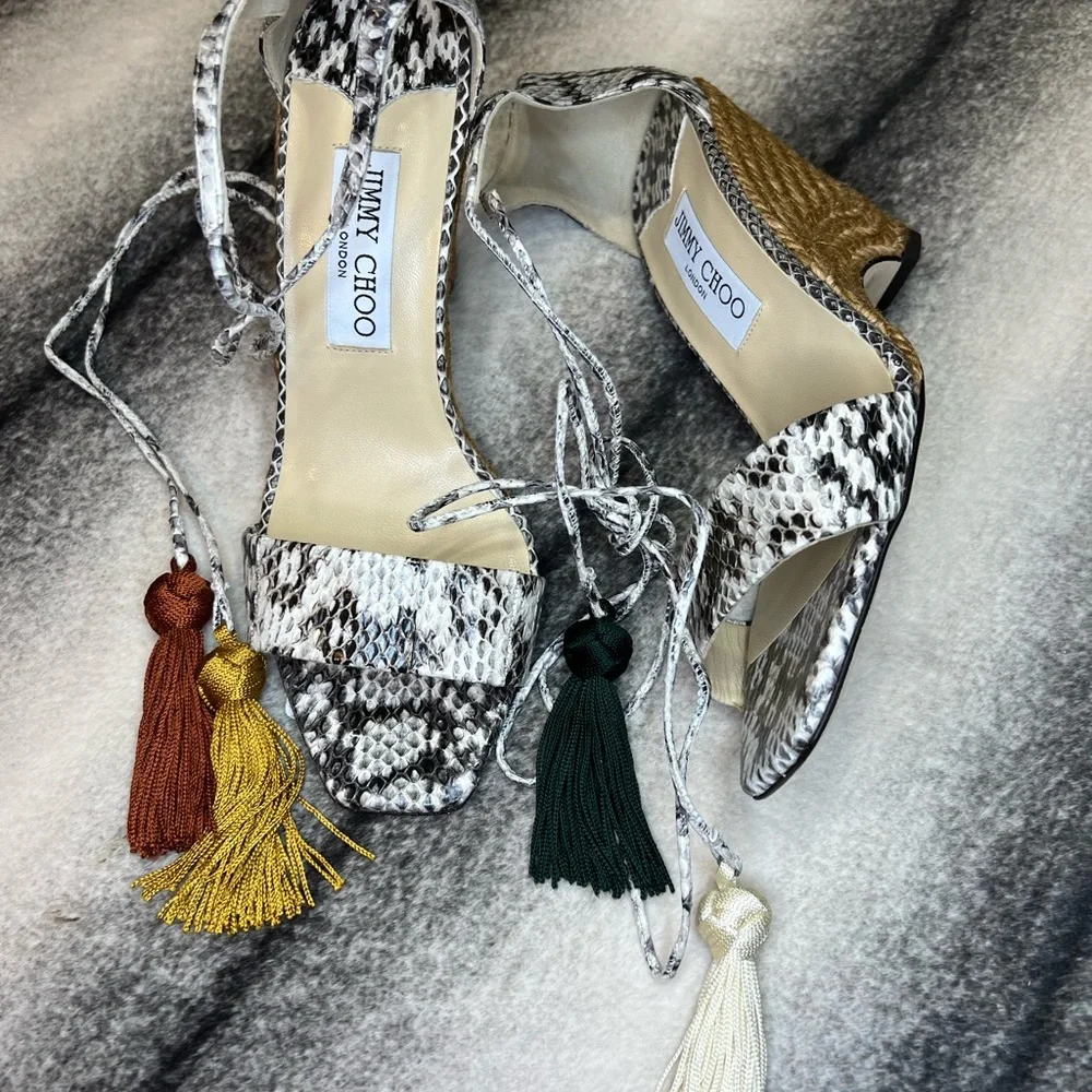 Jimmy Choo Deva 85 mm Roccia Snakeskin Print Leather Mix Tassel Espadrile Wedge